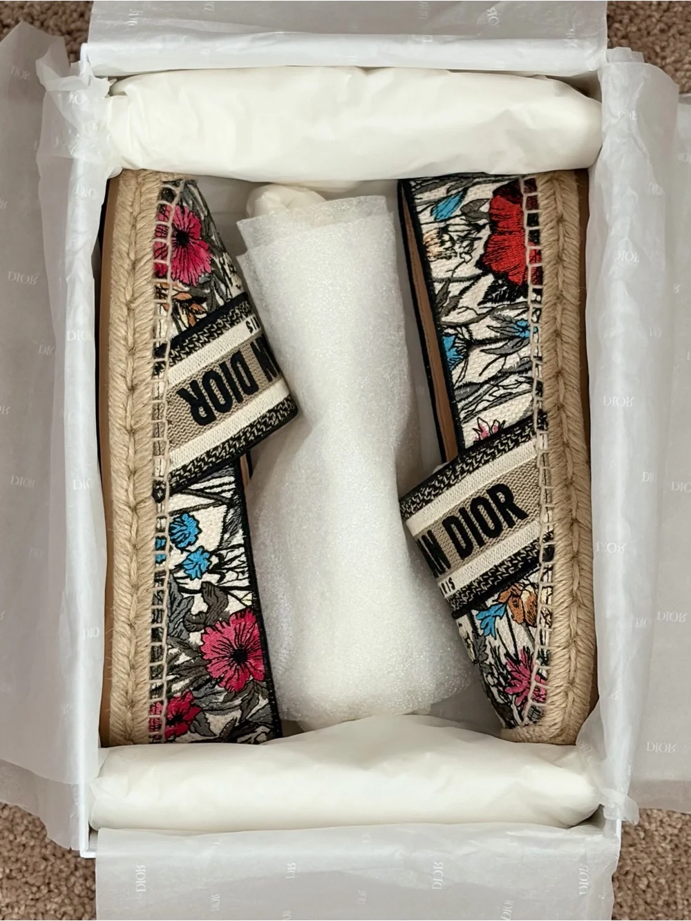 Dior Floral Embroidered Espadrilles in Beige and Multicolor